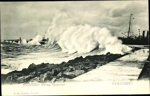 Ak Colombo Ceylon Sri Lanka, Breakwater during Monsoon