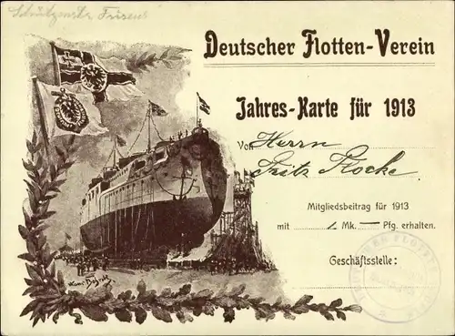 Ak Deutscher Schulschiff-Verein, Jahreskarte für 1913, Dampfer, Kaiserliche Fahne