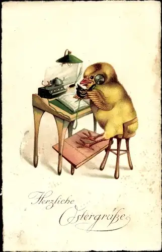 Ak Glückwunsch Ostern, Küken am Telefon, Buch, Tischlampe