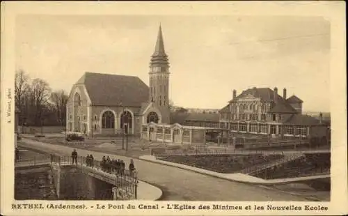 Ak Rethel Ardennes, Le Pont du Canal, Église des Minimes et les Nouvelles Ecoles