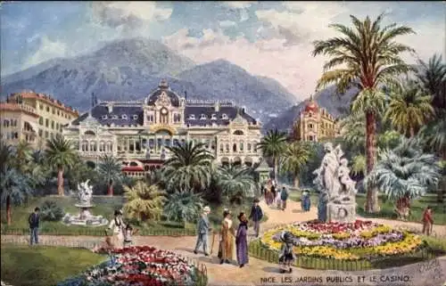 Künstler Ak Nice Nizza Alpes Maritimes, Les Jardins Publics, Le Casino
