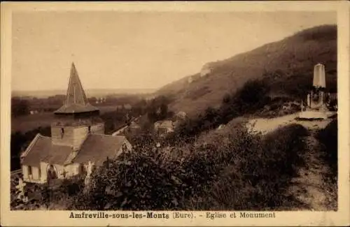 Ak Amfreville sous les Monts Eure, Kirche und Denkmal