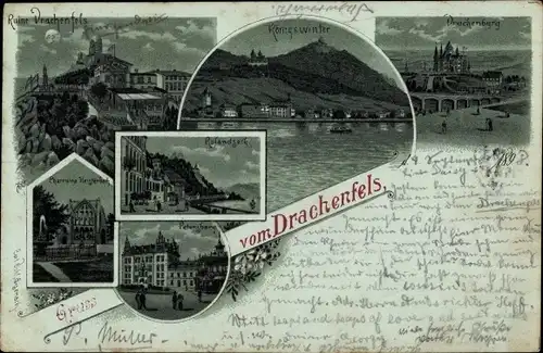Mondschein Litho Königswinter, Drachenfels, Rolandseck, Petersberg