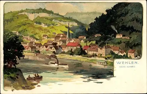 Künstler Litho Wehlen an der Elbe Sachsen, Flusspartie mit Blick auf den Ort, Dampfer, Kirche