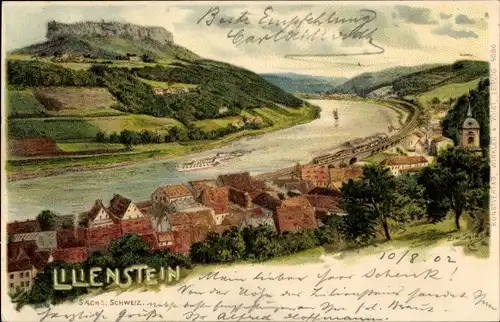 Künstler Litho Bad Schandau an der Elbe, Lilienstein, Panorama