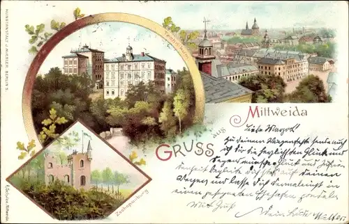 Litho Mittweida in Sachsen, Technikum, Zschopauburg, Blick über die Dächer