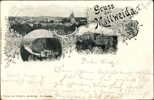 Wappen Ak Mittweida in Sachsen, verschiedene Ansichten der Stadt, Stadtwappen