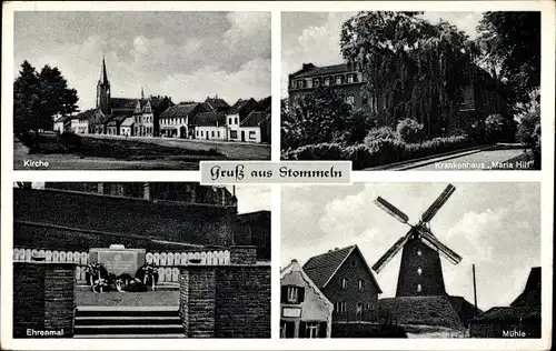 Ak Stommeln Pulheim Nordrhein Westfalen, Kirche, Krankenhaus Maria Hilf, Ehrenmal, Mühle