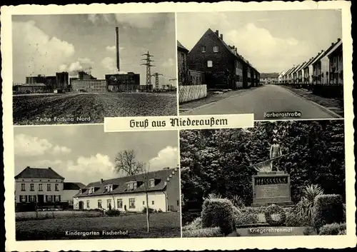 Ak Nideraußem Bergheim an der Erft, Zeche Fortuna Nord, Barbara Straße, Kriegerehrenmal, KiTa