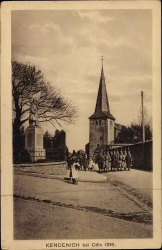 Ak Kendenich Hürth Nordrhein Westfalen, Straßenpartie, Denkmal, Kirchturm, Soldatengruppe