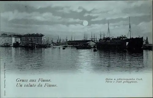 Mondschein Ak Rijeka Fiume Kroatien, Hafen und schwimmendes Dock