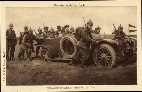 Ak Das Automobil im Felde, Festgefahren in Sand auf der Fahrt zur Front, 1. WK