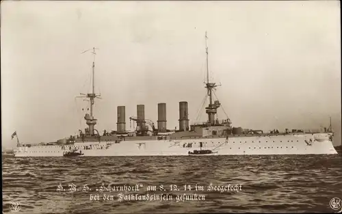 Ak Deutsches Kriegsschiff, SMS Scharnhorst, Großer Kreuzer, 08 12 1914 gesunken