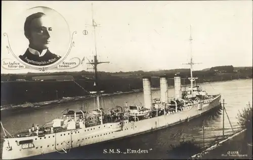 Ak Deutsches Kriegsschiff, SMS Emden, Kleiner Kreuzer, Fregattenkapitän von Müller