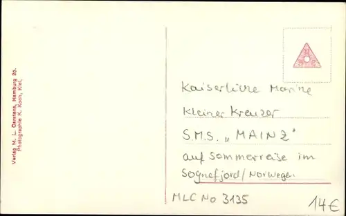 Ak Deutsches Kriegsschiff, SMS Mainz, Kleiner Kreuzer in Norwegen, MLC 3135