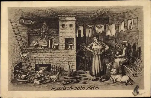 Künstler Ak Russisch polnisches Heim, Bauernstube