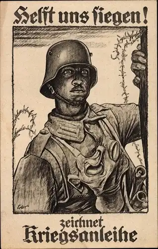 Künstler Ak Erler, Helft uns siegen, zeichnet Kriegsanleihe, Soldat in Stahlhelm mit Gasmaske, I. WK