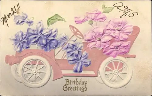 Präge Ak Glückwunsch Geburtstag, Blüten in einem Automobil