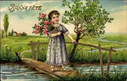 Präge Litho Glückwunsch, Bonne Fete, Mädchen mit Rosen auf einem Steg