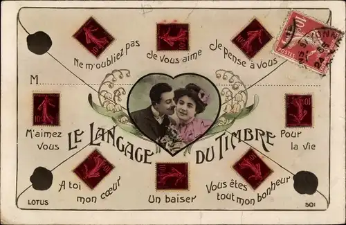 Briefmarken Ak Briefmarkensprache, Liebespaar, Le Langage du Timbre
