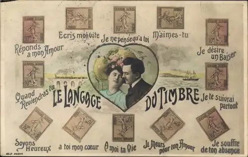 Briefmarken Ak Briefmarkensprache, Liebespaar, Le Langage du Timbre