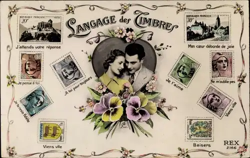Briefmarken Ak Briefmarkensprache, Liebespaar, Stiefmütterchen, Langage des Timbres