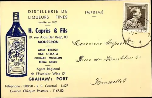 Ak Reklame, Distillerie de Liqueurs Fines, H. Capres & Fils, Mouscron Wallonien Hennegau