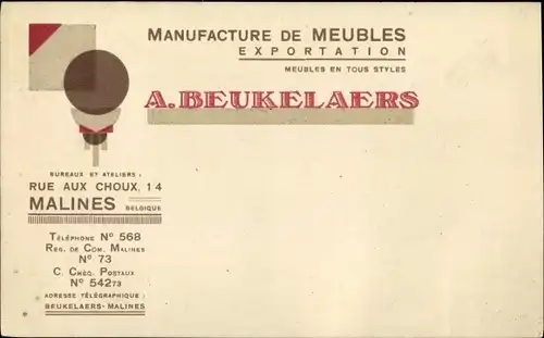 Ak Mechelen Malines Flandern Antwerpen, Reklame, Manufacture de Meubles, A. Beukelaers