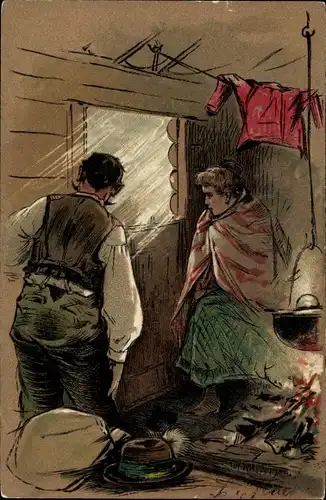 Präge Litho Mann und Frau in einer Holzhütte am offenen Herdfeuer