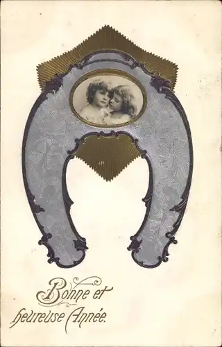 Präge Passepartout Foto Ak Glückwunsch Neujahr, Hufeisen, zwei Kinder, Portrait