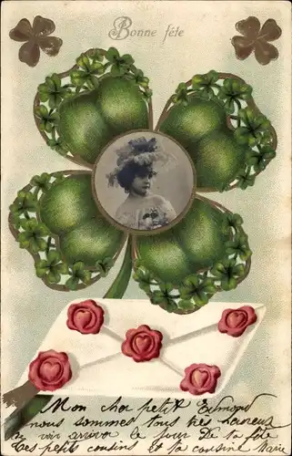 Präge Passepartout Foto Ak Glückwunsch, Bonne Fete, Kleeblatt, Portrait von einem Mädchen