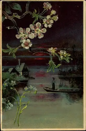 Präge Litho Landschaft, Frau in einem Boot auf dem Wasser, Sonnenuntergang