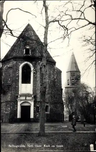 Ak Bellingwolde Groningen, Ned. Herv. Kerk en toren