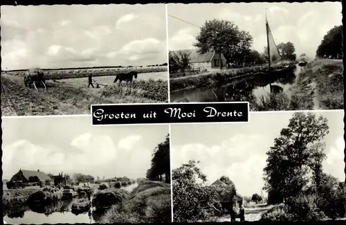Ak Mooi Drenthe Niederlande, Segelboot, Kanal, Bauer mit Pferdepflug