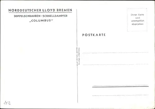 Ak Dampfschiff Columbus, Norddeutscher Lloyd Bremen, Ansicht Backbord