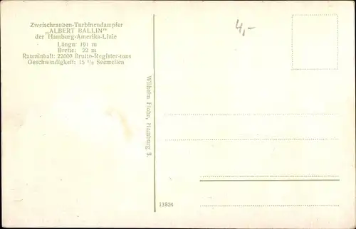 Ak Zweischrauben Turbinendampfer Albert Ballin, HAPAG