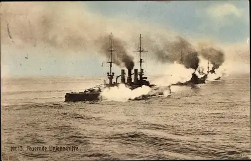 Ak Deutsche Kriegsschiffe, Feuernde Linienschiffe, Kaiserliche Marine
