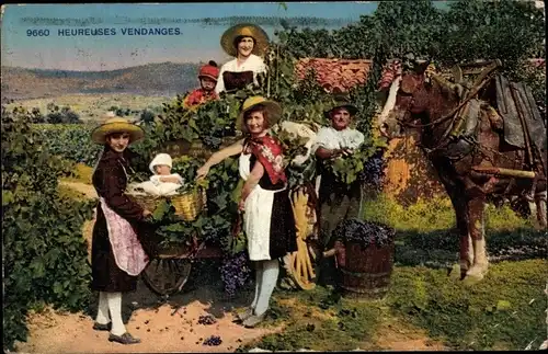 Ak Frankreich, Heureuses Vendanges, Weinlese