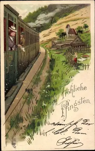 Präge Litho Glückwunsch Pfingsten, Fahrgäste im Zug, Eisenbahn, Dorf