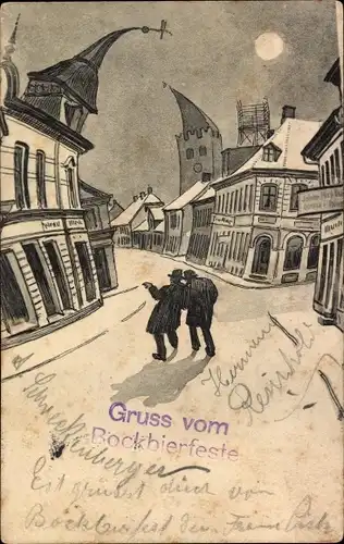 Mondschein Ak Gruß vom Bockbierfest, Betrunkene in der Stadt, Gebogene Häuser