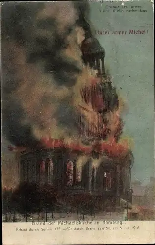 Ak Hamburg Mitte Neustadt, Brand der Michaeliskirche, Einsturz des Turmes