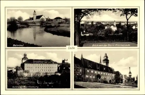 Ak Zeitz im Burgenlandkreis, Bahnhof, Schloss Moritzburg, Rathaus, Blick von der Bornpromenade