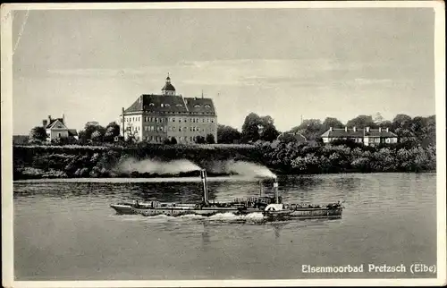 Ak Pretzsch an der Elbe Bad Schmiedeberg, Teilansicht, Dampfschiff