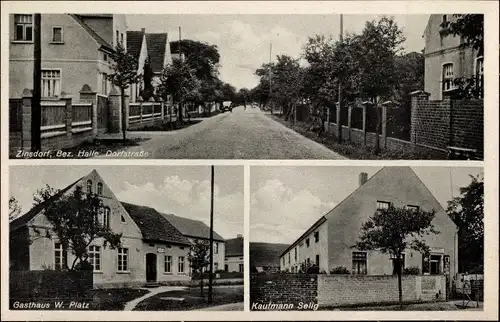 Ak Zinsdorf Uebigau Wahrenbrück, Gasthaus W. Platz, Dorfstraße, Kaufmann Selig