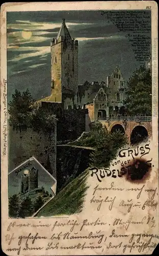 Mondschein Litho Bad Kösen Naumburg an der Saale, Rudelsburg, bei Nacht, Saaleck