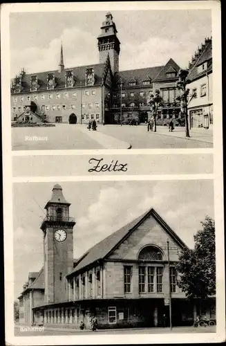 Ak Zeitz im Burgenlandkreis, Rathaus, Bahnhof Straßenseite