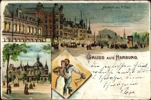 Litho Hamburg Mitte St. Pauli, Nachtbild, Seemann und Dame