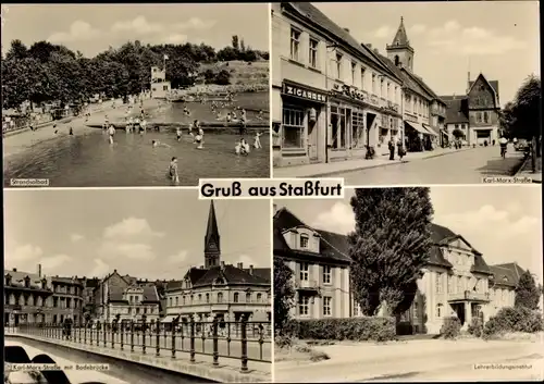 Ak Staßfurt im Salzlandkreis, Strandsolbad, Karl Marx Straße, Bodebrücke, Lehrerbildungsinstitut
