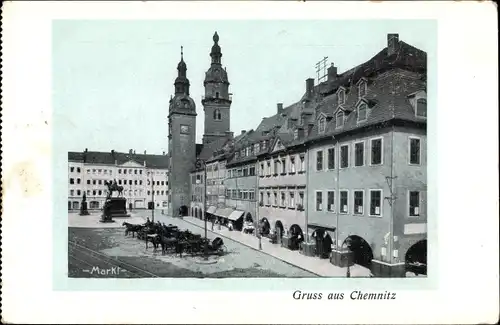 Ak Chemnitz in Sachsen, Markt, Kirche, Kutschen