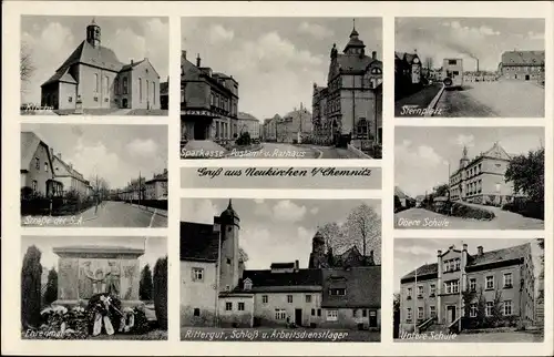 Ak Neukirchen im Erzgebirge, Sternplatz, Obere und Untere Schule, Kirche, Ehrenmal